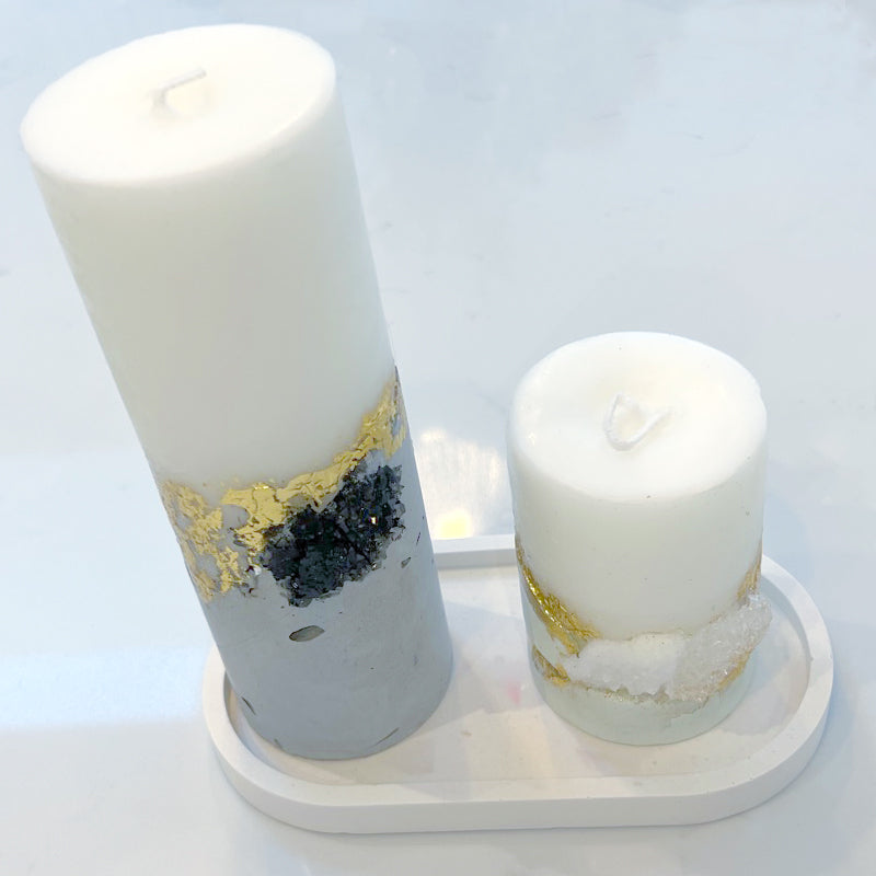 Pillar Candle Textured with Cement & 24k Gold Leaf