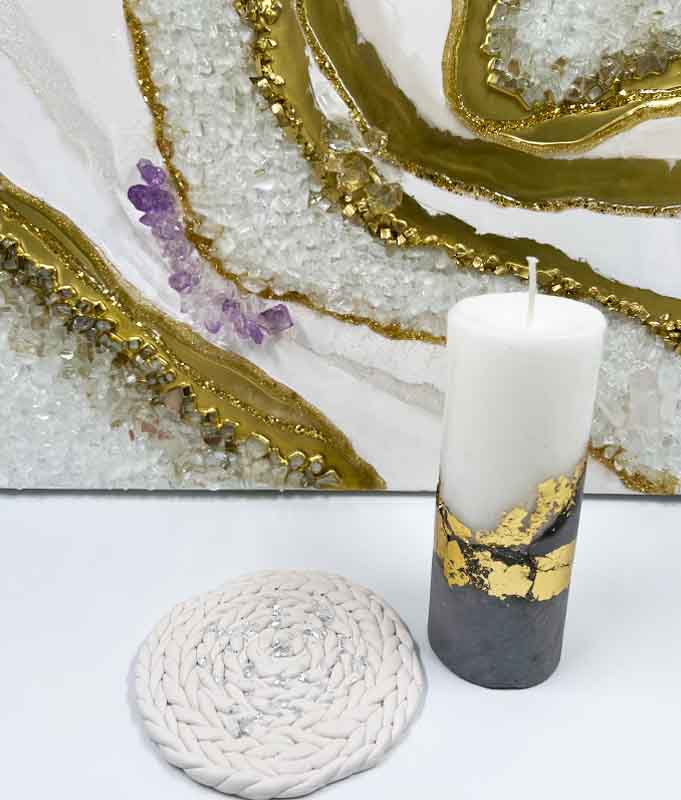 Pillar Candle Textured with Cement & 24k Gold Leaf