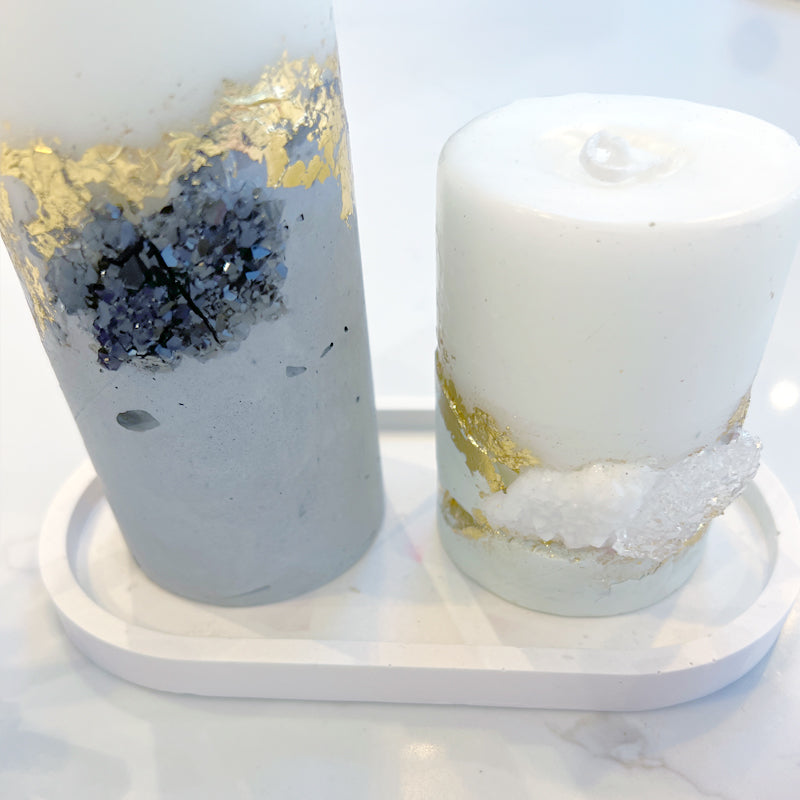 Pillar Candle Textured with Cement &amp; 24k Gold Leaf