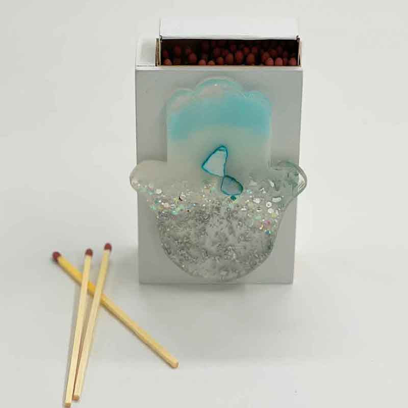 Chamsa Blue &amp; Silver Resin Glitterati Wooden Match Box