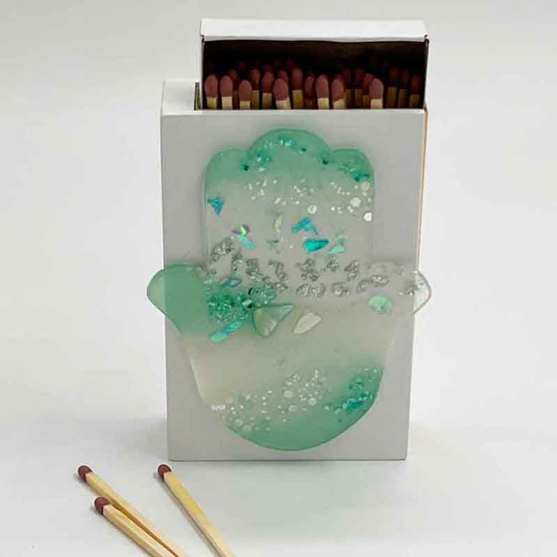 Chamsa Mint green &amp; Opague Glitter Resin Wooden Match Box