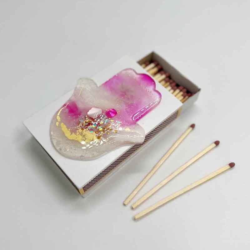 Chamsa Cerise Pink Resin Glitterati Wooden Match Box