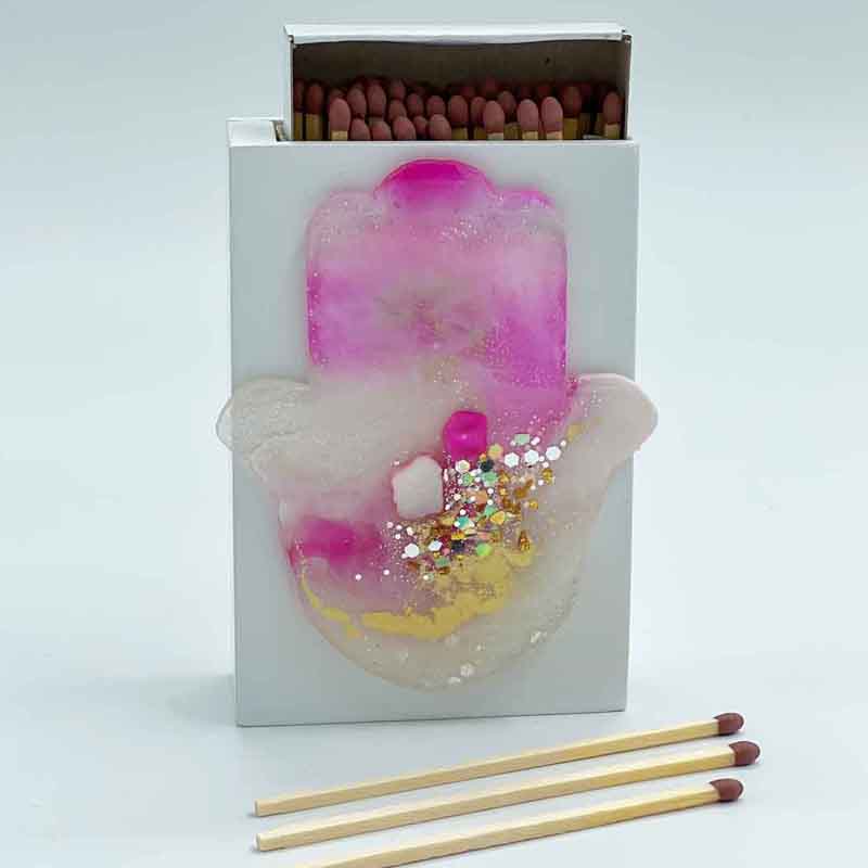 Chamsa Cerise Pink Resin Glitterati Wooden Match Box