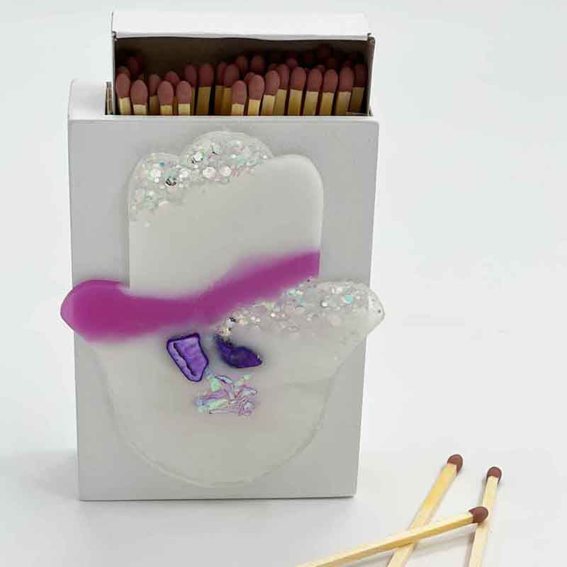 Chamsa Lilac &amp; White Resin Glitterati Wooden Match Box