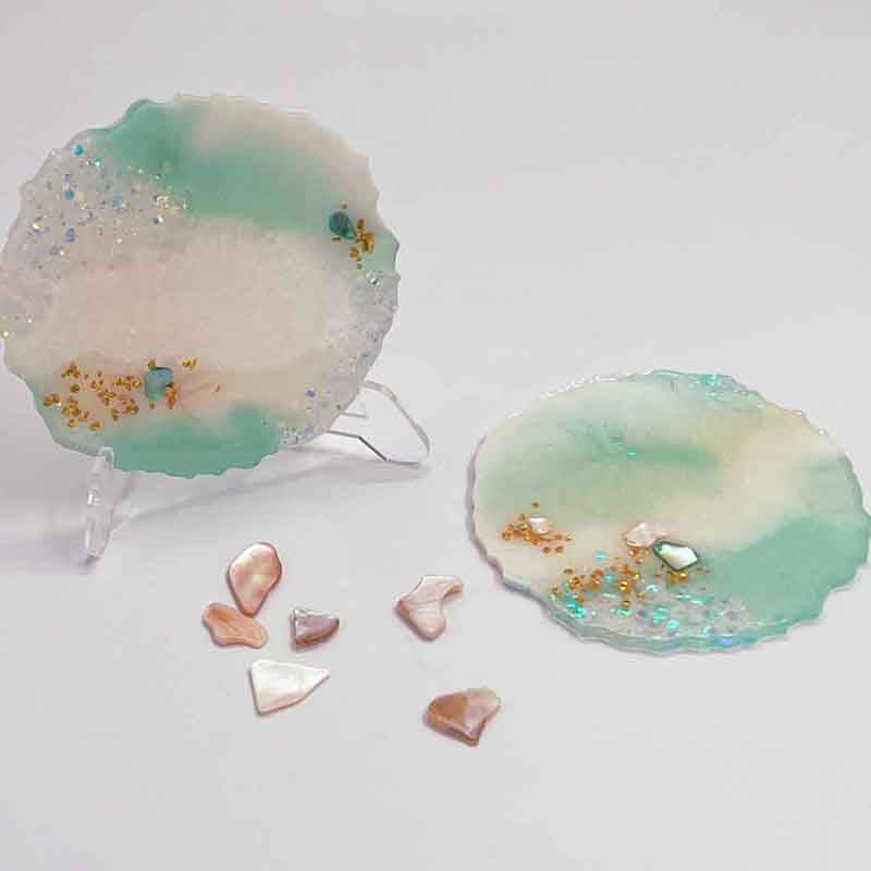 Resin Coaster Set of 2 in Mint Green &amp; White with Shells